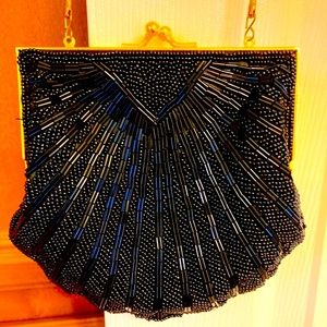 Beaded Metal Frame Purse in Black with Chain Strap